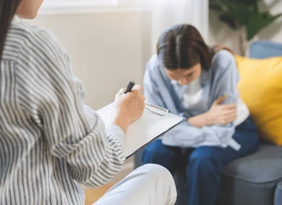 Patient discussing emotions with therapist during DBT session