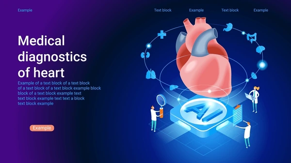 Isometric digital illustration of a human heart with neural circuits representing AI heart disease prediction technology