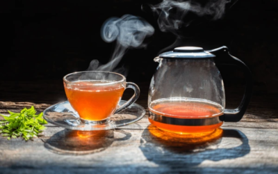 brewed-palo-azul-tea-glass-teapot-cup.webp Hot brewed palo azul tea in a clear glass teapot and cup with steam