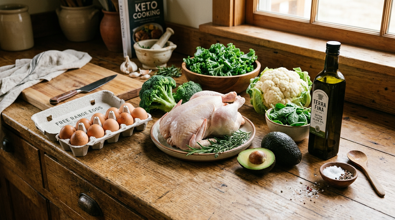 Keto diet foods for longevity on a budget - eggs, chicken, broccoli, avocado, and olive oil