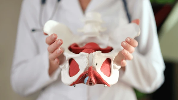 Physician holding an anatomical pelvis model explaining what is a proctologist pelvic venous health specialist