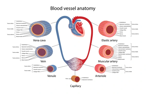 Medical vector diagram of the human circulatory system and blood vessel anatomy illustrating artery, vein, and capillary structure for iron blood health.