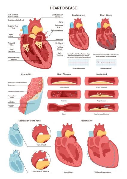 Medical infographic of heart anatomy and surrounding blood vessels showing arterial plaque buildup and atherosclerosis stages.