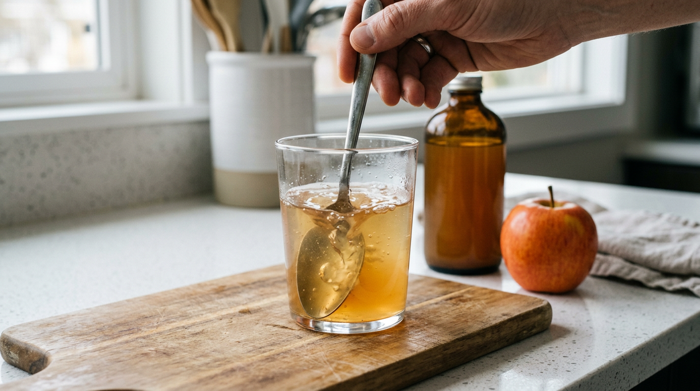 A glass of diluted apple cider vinegar, a common home remedy for people trying ACV for digestion.