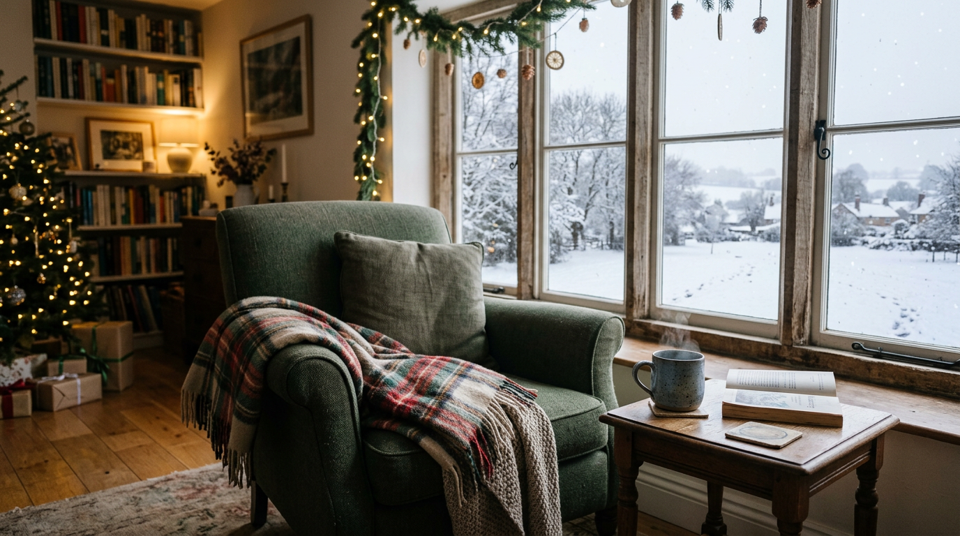 A peaceful room with an armchair and a warm drink, illustrating a calm approach to holiday stress management.