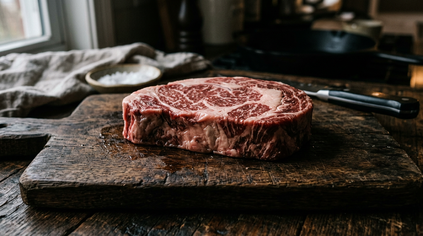 A raw cut of marbled red meat on a wooden board, representing the source of the sugar molecule Neu5Gc.