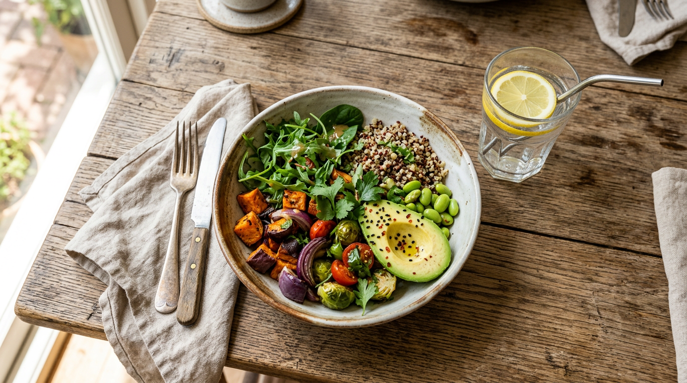 A healthy meal in a bowl on a wooden table, representing a key part of improving your digestion.